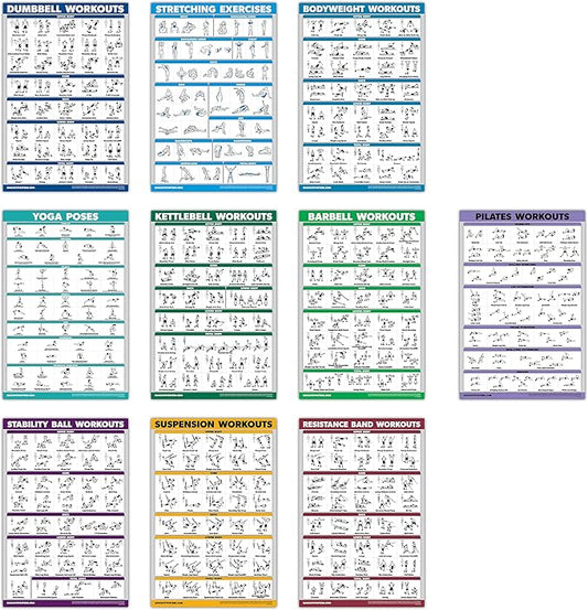 QuickFit 10 Pack - Exercise Workout Poster Set - Pilates, Dumbbell, Suspension, Kettlebell, Resistance Bands, Stretching, Bodyweight, Barbell, Yoga Poses, Exercise Ball (Laminated, 18" x 24")