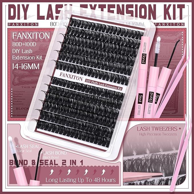 Cluster Lashes Volume Lash Clusters D Thick Eyelashes Extensions 14-16mm Mix 80D+100D Individual Lashes Thin Band Lash Bond and Seal Tweezers for DIY Lash Extension Beginners