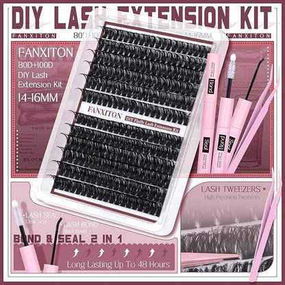Cluster Lashes Volume Lash Clusters D Thick Eyelashes Extensions 14-16mm Mix 80D+100D Individual Lashes Thin Band Lash Bond and Seal Tweezers for DIY Lash Extension Beginners