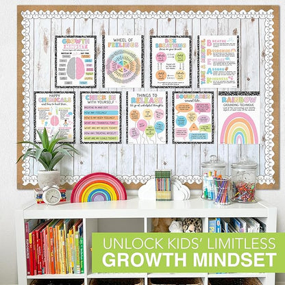 9 Mental Health Posters For Classroom - 11x14" School Counselor Office Decor, Power of Yet & Growth Mindset Poster, School Counseling Posters Elementary - Pastel Classroom Decor