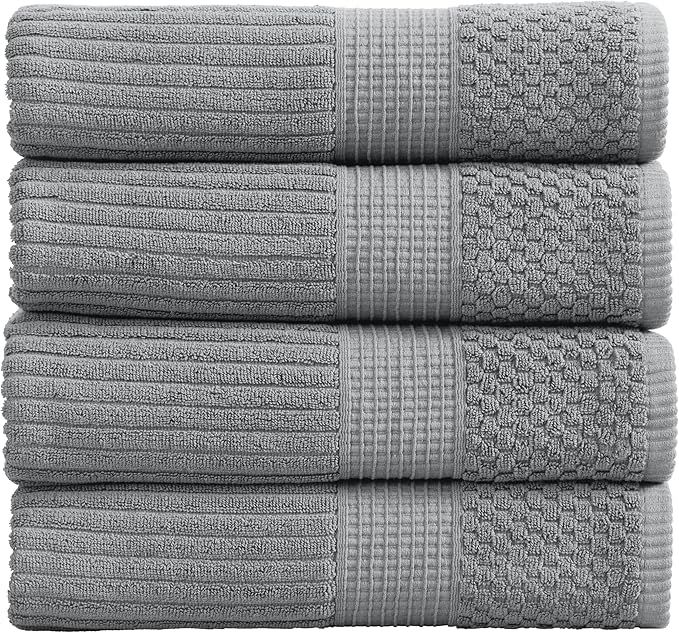 Springtree Home 100% Cotton Bath Towel Set of 4 | Super Soft & Absorbent with Quick-Dry Fibers | 4 Bath Towels | Textured and Durable Cotton | Krista Collection (Ultimate Grey)