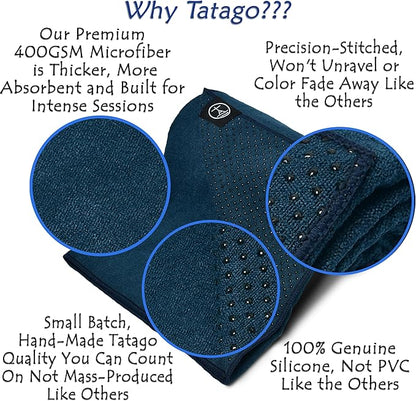 Tatago Hot Yoga Towel Non Slip Grip in 2 Sizes. Premium Yoga Towels for Hot Yoga Non Slip, Hot Pilates Mat Towel or Yoga Mat Towel Thicker, Softer, More Absorbant & Durable!
