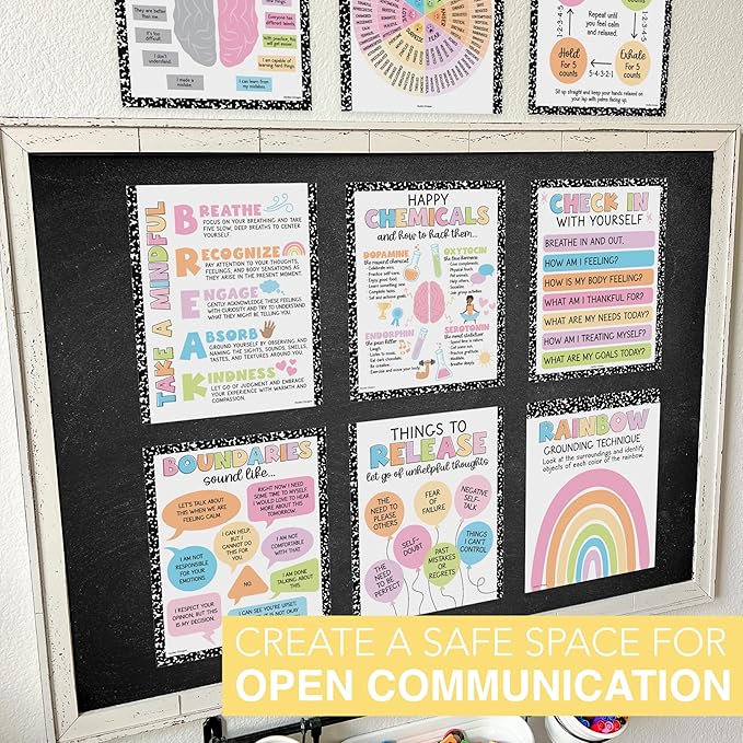 9 Mental Health Posters For Classroom - 11x14" School Counselor Office Decor, Power of Yet & Growth Mindset Poster, School Counseling Posters Elementary - Pastel Classroom Decor