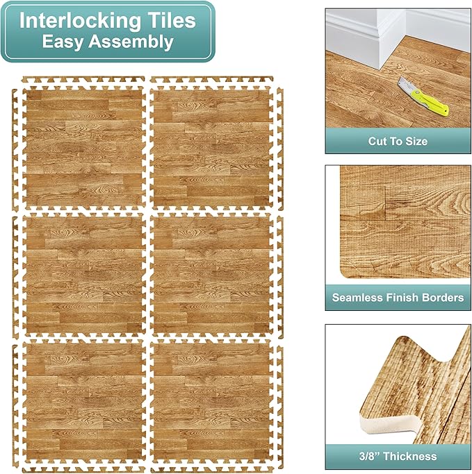 Sorbus Wood Grain Floor Tiles Foam Mat EVA Interlocking Mats Tile 3/8-Inch Thick Flooring Wood Puzzle Exercise Mats w/Borders - Home Playroom Basement, Apartment, Trade Show, Baby, Dance