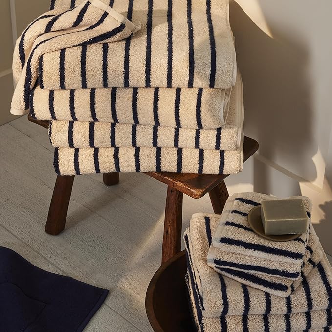 Brooklinen Super-Plush Turkish Cotton Bath Towel Set - 2 Bath Towels + 2 Hand Towels Cotton, 820 GSM, Highly Absorbent, Machine Washable, Perfect for Home & Bathroom (Striped Navy)