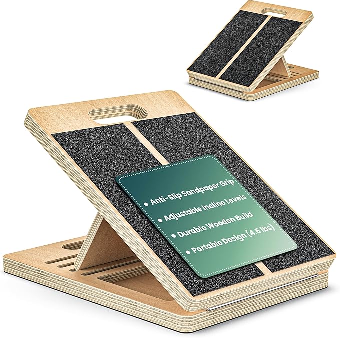 Calf Stretcher – Wooden Portable Slant Board for Calf Stretching – Adjustable Incline Board Physical Therapy Equipment with Reducing Injury Risk and Improving Foot, Leg & Ankle Mobility