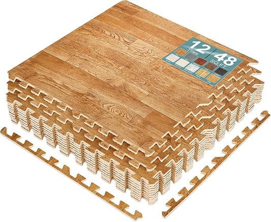 Sorbus Wood Grain Floor Tiles Foam Mat EVA Interlocking Mats Tile 3/8-Inch Thick Flooring Wood Puzzle Exercise Mats w/Borders - Home Playroom Basement, Apartment, Trade Show, Baby, Dance