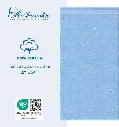 Cotton Paradise 4 Piece Turkish Bath Towels for Bathroom, 100% Cotton Extra Large Soft Plush Towels Bathroom Set, Sky Blue