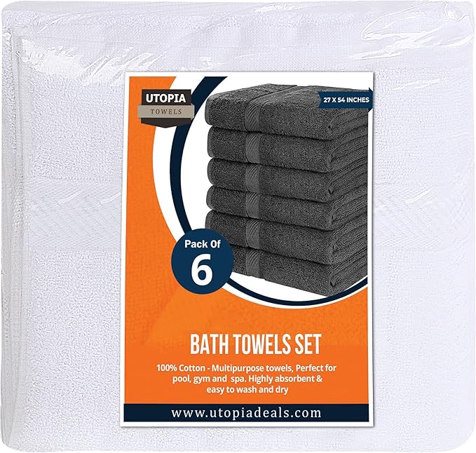 Utopia Towels 6 Pack Bath Towel Set (27 x 54 Inches), 500 GSM 100% Ring Spun Cotton Medium Lightweight and Highly Absorbent Quick Drying, Premium Towels for Hotel, Spa and Bathroom (White)