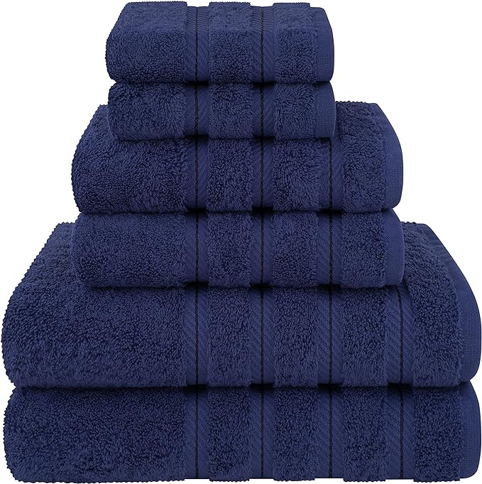 American Soft Linen Luxury 6 Piece Towel Set, 2 Bath Towels 2 Hand Towel 2 Washcloths, 600 GSM 100% Cotton Turkish Towels for Bathroom, Navy Blue Towel Sets