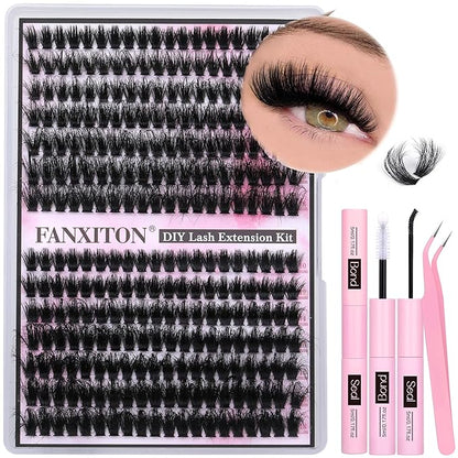 FANXITON Lash Clusters with Lash Bond and Seal Sweatproof, 10-18 mm D Volume Lash Extension Kit 280 pcs Individual Lashes Lash Clusters Kit and Tweezers Thick DIY Eyelash Extension Kit