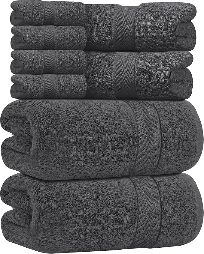 Oakias Premium Towel Set 600 GSM 8 Piece Grey - 100% Ring Spun Cotton Highly Absorbent Towels Set - Super Soft Bathroom Towel Set - Hotel Quality Double Stitched Hem - Ideal for Hotels, Spa, Gyms