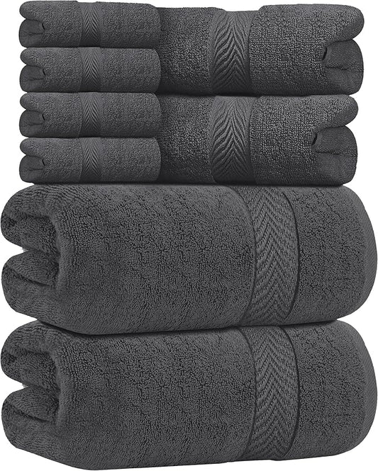 Oakias Premium Towel Set 600 GSM 8 Piece Grey - 100% Ring Spun Cotton Highly Absorbent Towels Set - Super Soft Bathroom Towel Set - Hotel Quality Double Stitched Hem - Ideal for Hotels, Spa, Gyms