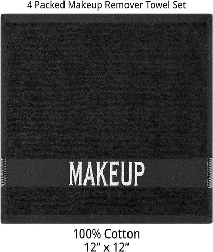 Cotton Paradise Makeup Remover Towels 4 Pack 100% Cotton 12x12 Inch Turkish Makeup Removal Face Cloths for Washing Face Soft Black Makeup Towel