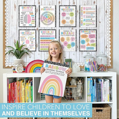 9 Mental Health Posters For Classroom - 11x14" School Counselor Office Decor, Power of Yet & Growth Mindset Poster, School Counseling Posters Elementary - Pastel Classroom Decor