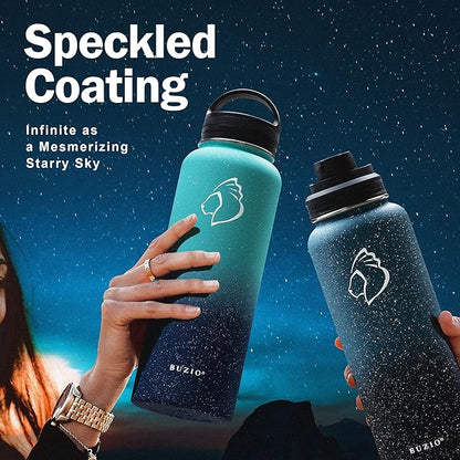 BUZIO 40 oz Water Bottle Insulated with Straw & 3 lid and Carrying Pouch, Leak Proof Anti-Slip Stainless Steel Water Flask Jug, Cold for 48 Hrs Double Vacuum Thermo Canteen, BPA-Free, Starry Indigo
