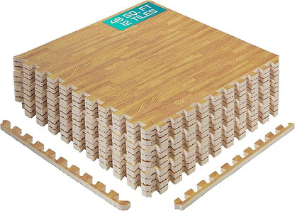 Yes4All 48SQ.FT Wood Grain Puzzle Exercise Mat Protective Flooring, EVA Interlocking Foam Floor Tiles with Border for Home