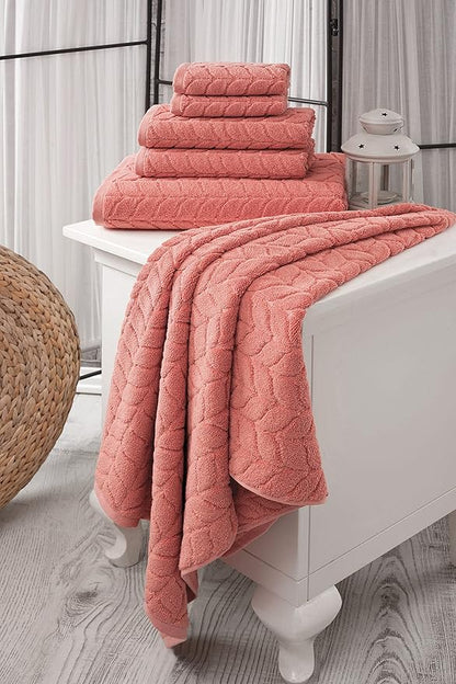 BAGNO MILANO Turkish Bath Towels, Soft Plush Jacquard Luxury Bath Towels, Quick Dry Towel Set (Coral Red, 3 pcs Towel Set)