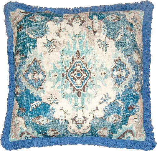 Mandala Life ART Square Meditation Pillow Cover with Fringes - 26 inches - Printed Blue Cotton Boho Chic Cushion Case