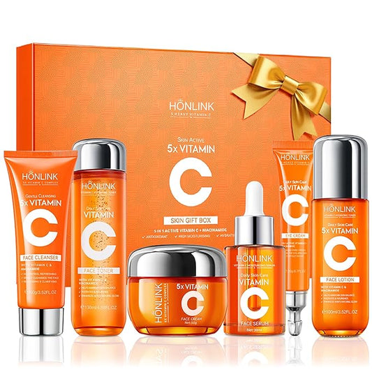 HONKLINK 6-Piece Hydrating Skincare Set with Vitamin C & Niacinamide,Face Care Kit Includes Toner, Faical Serum,Cleanser,Moisturizer, Eye Cream & Body Lotion | Unique Gift for Women