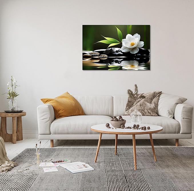 YIOZHAOFH Lotus Flower Wall Art Zen Canvas Inhale Exhale Poster Black Spas Nature Prints Pictures for Meditation Wall Decor Framed Artwork Ready to Hang (28.00" x 44.00")
