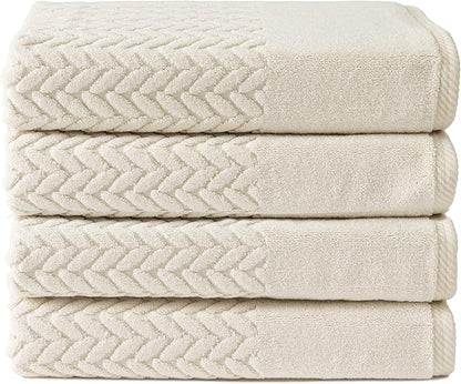 Texere 100% Organic Cotton Jacquard 650 GSM Premium Bath Towel Sets - Extra Absorbent Quick Dry and Plush (Cable, Birch, 4 Bath Towels)