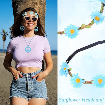choice of all Peace Sign Necklace Earrings Sunflower Headband Set for Women 60s 70s Outfits Hip Hop Hippie Jewelry Halloween Costume Accessories