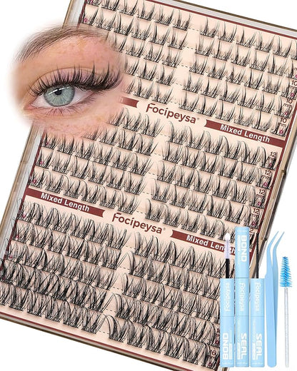 Focipeysa Fairy Eyelash Extension Kit with Lash Bond Seal Wispy Lash Clusters Kit Natural Look Lash Extensions 10-16mm Clusters Eyelashes Extensions Wispy Lash DIY Salon Effect Lash Extension