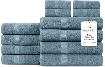 100% Cotton Bath Towel Set of 12-4 Bath Towels, 4 Hand Towels, 4 Wash Cloths, Sustainable, Soft, Highly Absorbent, Combed Cotton 12 Piece Set for Hotels, Spa, Bathroom, Dorm, Blue