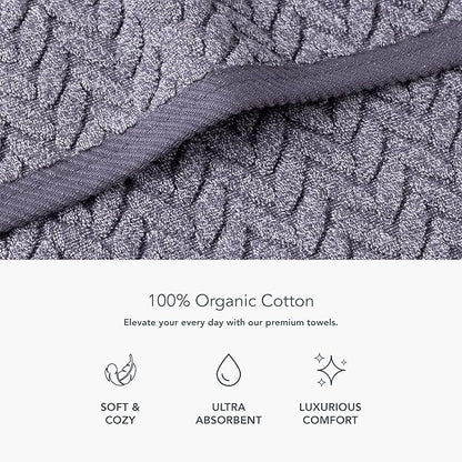 Texere 100% Organic Cotton Jacquard 650 GSM Premium Bath Towel Sets - Extra Absorbent Quick Dry Towel Wrap (Cable, Granite, 4 Bath Towels)