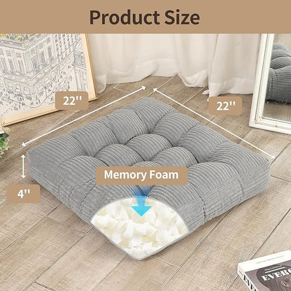 22 inches Meditation Pillow, 2 Pack Square Large Floor Cushions for Adults, Thick Corduroy Floor Pillows for Sitting, Yoga, Living Room, Sofa, Tatami, LightGrey