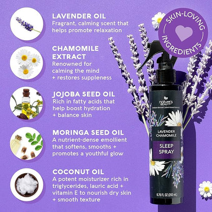 Nature's Beauty Lavender Chamomile Sleep Spray Multi-Pack - Sleep Well + Relax with Premium Grade Room + Pillow Spray, Made w/Coconut, Jojoba + Moringa Seed Oils, 6.76 fl oz (2 Pack)