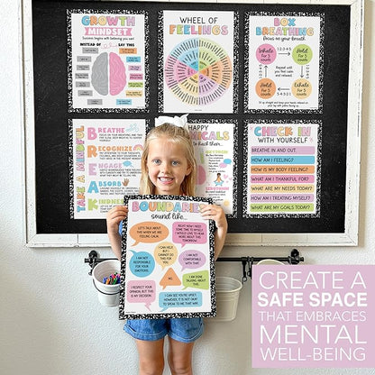 9 Mental Health Posters For Classroom - 11x14" School Counselor Office Decor, Power of Yet & Growth Mindset Poster, School Counseling Posters Elementary - Pastel Classroom Decor