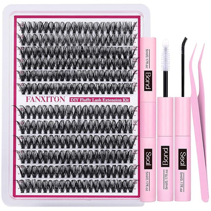 FANXITON Cluster Lashes 50D Lash Clusters D Natural Eyelashes Extensions 14-16mm Mix Individual Lashes Thin Band Lash Bond and Seal Tweezers Eyelashes Cluster for DIY Lash Extension