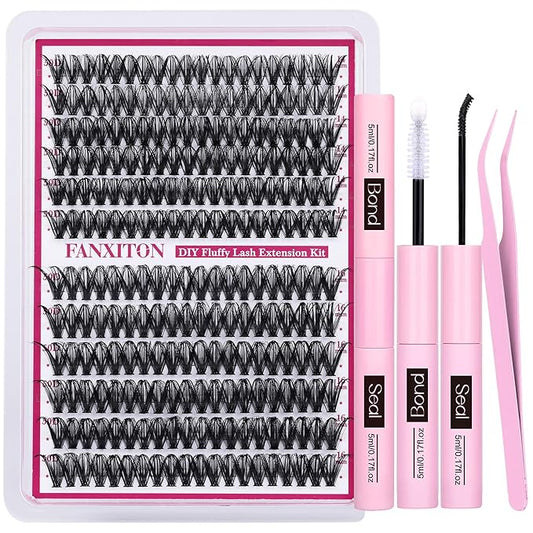 FANXITON Cluster Lashes 50D Lash Clusters D Natural Eyelashes Extensions 14-16mm Mix Individual Lashes Thin Band Lash Bond and Seal Tweezers Eyelashes Cluster for DIY Lash Extension