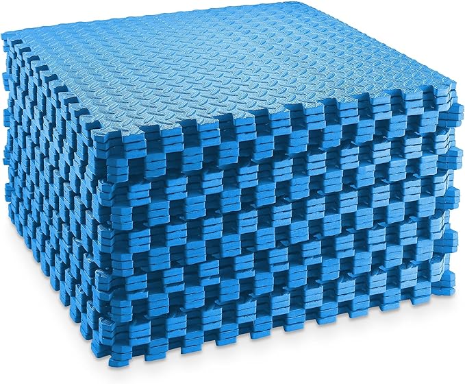 Philosophy Gym Pack of 30 Exercise Flooring Mats - 24 x 24 Inch Foam Rubber Interlocking Puzzle Floor Tiles - Blue