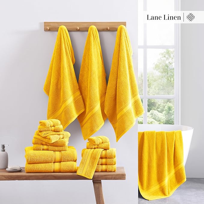 LANE LINEN Luxury Bath Towels Set - 12 Piece Set, 100% Cotton Bathroom Towels, Zero Twist Shower Towels, Extra Absorbent Bath Towel, Super Soft, 4 Bath Towels, 4 Hand Towels, 4 Wash Cloths - Mimosa