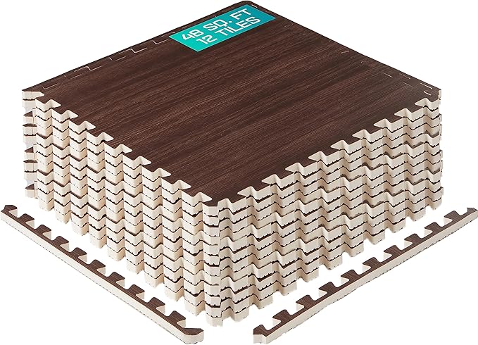 Yes4All 48SQ.FT Wood Grain Puzzle Exercise Mat Protective Flooring, EVA Interlocking Foam Floor Tiles with Border for Home