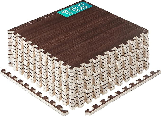 Yes4All 48SQ.FT Wood Grain Puzzle Exercise Mat Protective Flooring, EVA Interlocking Foam Floor Tiles with Border for Home