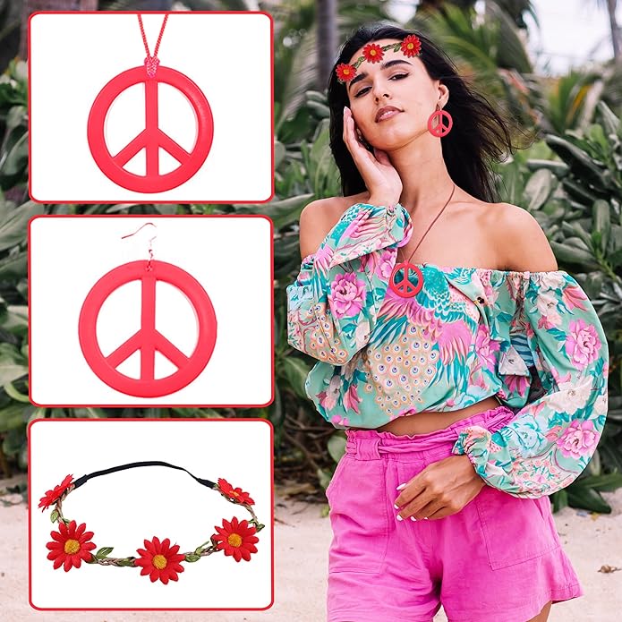 choice of all Peace Sign Necklace Earrings Sunflower Headband Set for Women 60s 70s Outfits Hip Hop Hippie Jewelry Halloween Costume Accessories
