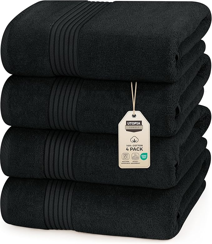Utopia Towels 4 Pack Bath Towels Set, 27 by 54 Inches, 100% Ring Spun Cotton, Quick Dry, Highly Absorbent, Soft Feel Towels, Perfect for Daily Use, Black