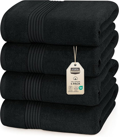 Utopia Towels 4 Pack Bath Towels Set, 27 by 54 Inches, 100% Ring Spun Cotton, Quick Dry, Highly Absorbent, Soft Feel Towels, Perfect for Daily Use, Black