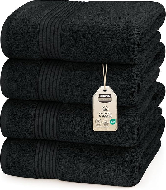 Utopia Towels 4 Pack Bath Towels Set, 27 by 54 Inches, 100% Ring Spun Cotton, Quick Dry, Highly Absorbent, Soft Feel Towels, Perfect for Daily Use, Black