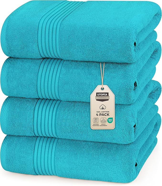 Utopia Towels 4 Pack Bath Towels Set, 27 by 54 Inches, 100% Ring Spun Cotton, Quick Dry, Highly Absorbent, Soft Feel Towels, Perfect for Daily Use, Turquoise