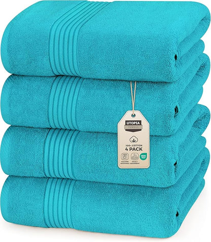 Utopia Towels 4 Pack Bath Towels Set, 27 by 54 Inches, 100% Ring Spun Cotton, Quick Dry, Highly Absorbent, Soft Feel Towels, Perfect for Daily Use, Turquoise