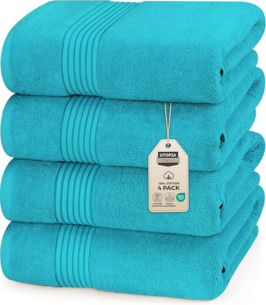 Utopia Towels 4 Pack Bath Towels Set, 27 by 54 Inches, 100% Ring Spun Cotton, Quick Dry, Highly Absorbent, Soft Feel Towels, Perfect for Daily Use, Turquoise
