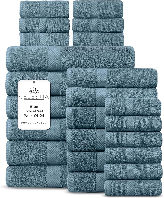100% Cotton Bath Towel Set of 24-6 Bath Towels, 6 Hand Towels, 12 Wash Cloths, Sustainable, Soft, Highly Absorbent, Combed Cotton 24 Piece Set for Hotels, Spa, Bathroom, Dorm, Blue