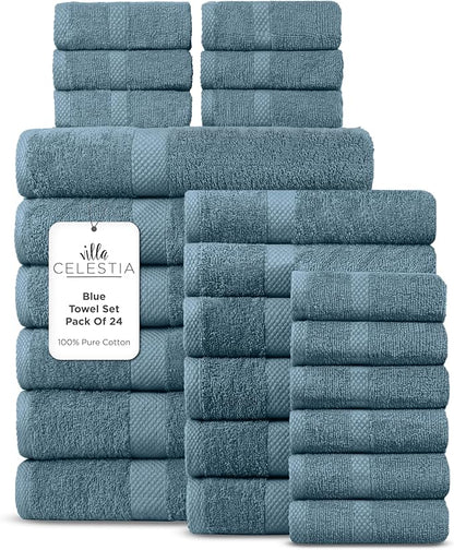 100% Cotton Bath Towel Set of 24-6 Bath Towels, 6 Hand Towels, 12 Wash Cloths, Sustainable, Soft, Highly Absorbent, Combed Cotton 24 Piece Set for Hotels, Spa, Bathroom, Dorm, Blue