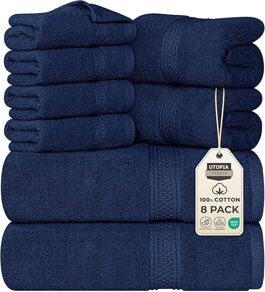 Utopia Towels 8 Piece Premium Towel Set, 2 Bath, 2 Hand, and 4 Wash Cloths, 600 GSM 100% Ring Spun Cotton, Highly Absorbent Towels for Bathroom, Gym, Hotel, and Spa, Navy Blue