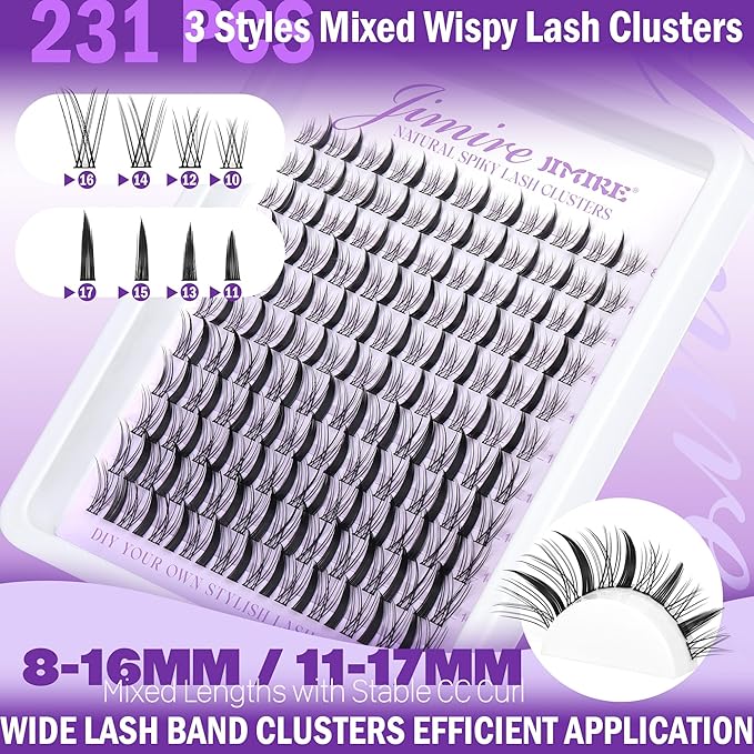 Manga Lash Clusters Eyelash Clusters Wispy 231Pcs D Curl Cluster Eyelash Extensions 11-17MM Wispy DIY Lash Extension Individual Lashes Clusters 2 Styles Lash Spikes by JIMIRE